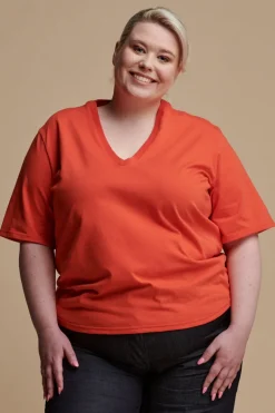 Short Sleeve V Neck T Shirt  - Flame Red