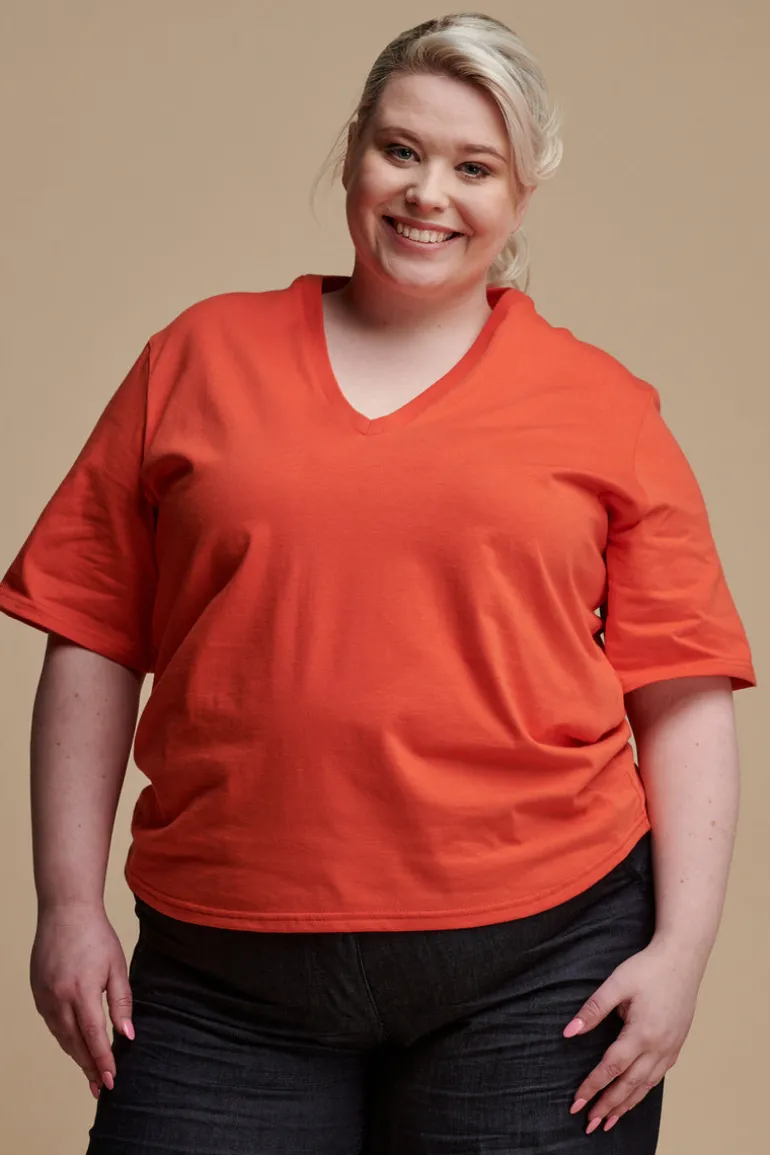 Short Sleeve V Neck T Shirt - Flame Red