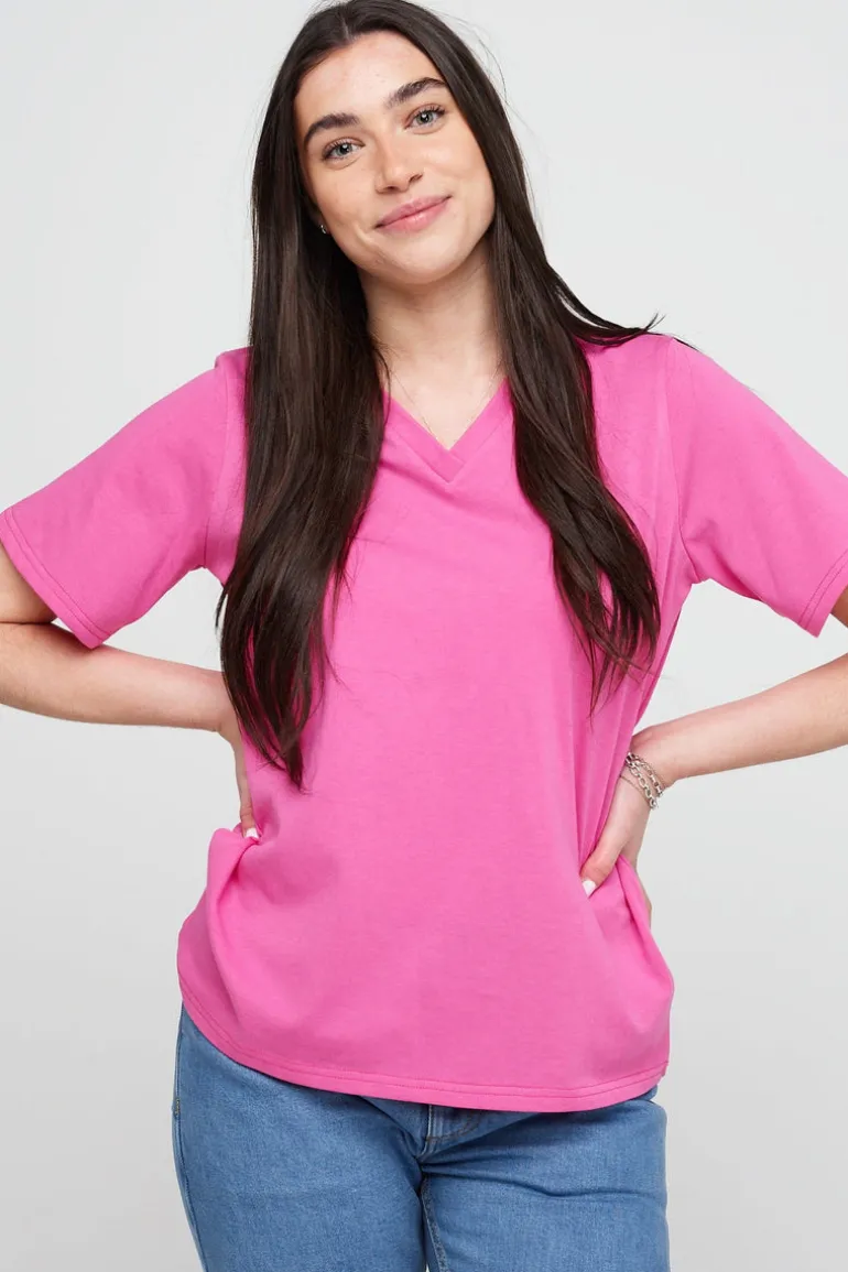 Short Sleeve V-Neck T Shirt - Fuchsia Pink