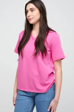 Short Sleeve V-Neck T Shirt - Fuchsia Pink