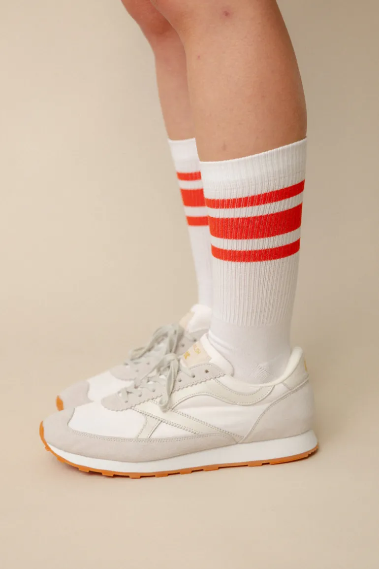 Sports Cotton Sock Calf 3 Pack - White/Flame Red Stripe